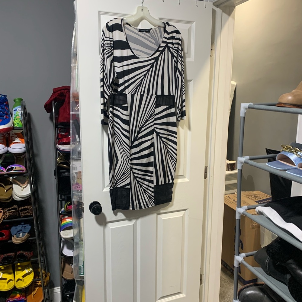 Black and white graphic midi dress with sheer panels